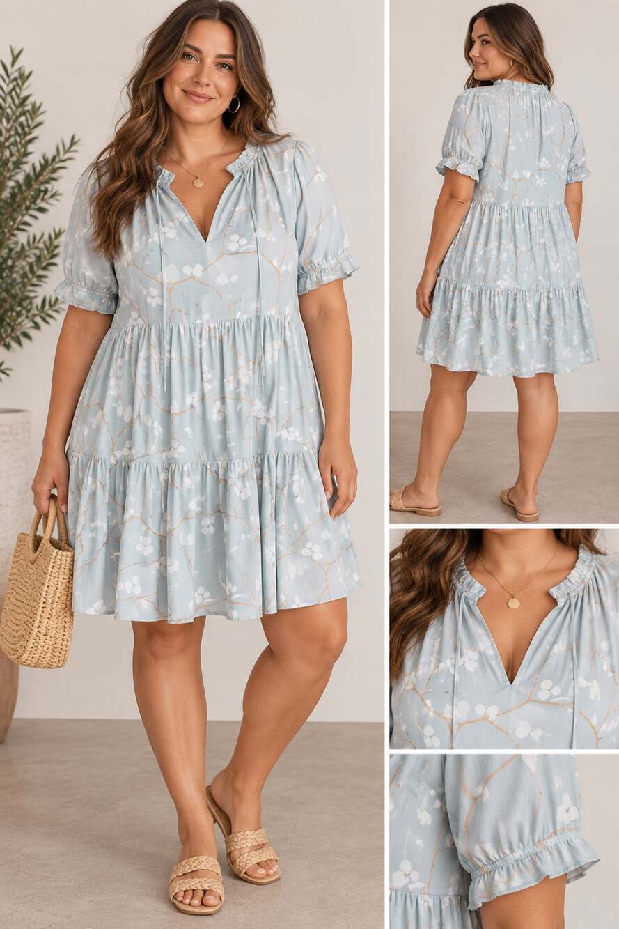 Abbey Glass Light Blue Branch Floral Print Tiered Ruffle Pocket Dress XL
